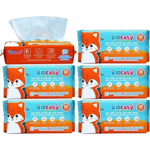KidEasy Baby Dry Wipes | Ultra-Soft 100% Cotton Baby Wipes | Unscented & Chemical-Free | Use Dry or Add Water for Wet Wipes | Gentle on Sensitive Skin | Strong & Highly Absorbent (6 Pack - 600 Count)