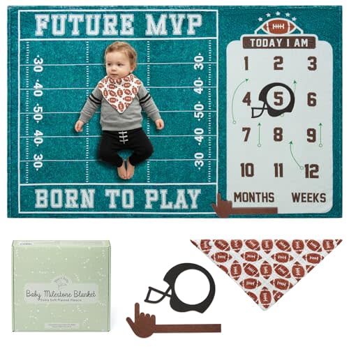 Monthly Milestone Blanket for Baby Boys - 60"x40" - Wrinkle Free Football Age Month Blanket with Growth Chart - Washable & Dryable - w/Frames & Cotton Bib - Sports Theme Baby Accessories