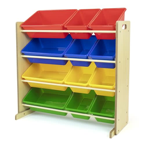 Humble Crew, Natural/Primary Kids' Toy Storage Organizer with 12 Plastic Bins, 34*35*15.5inch