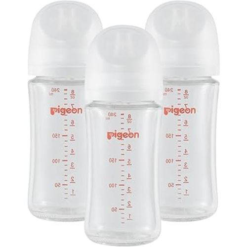 Pigeon Glass Nursing Bottle Wide Neck, Nurture & Nest, Anti-Colic, Streamlined Body, Natural Feel, Easy to Clean, Heat-Resistant, 8.1 Oz (Pack of 3), Includes 3pcs Stage 3 Nipples (3m+)