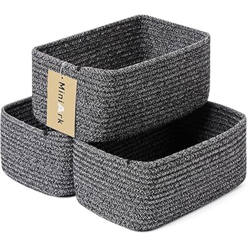 MiniArk Small Storage Baskets for Organizing | Closet Organizer Bins | Shelf Toy Basket | Woven Rope Baskets | Cube Decorative Box | Shallow Basket | 11.5x7.5x4.7” | 3 Packs Dark Gray