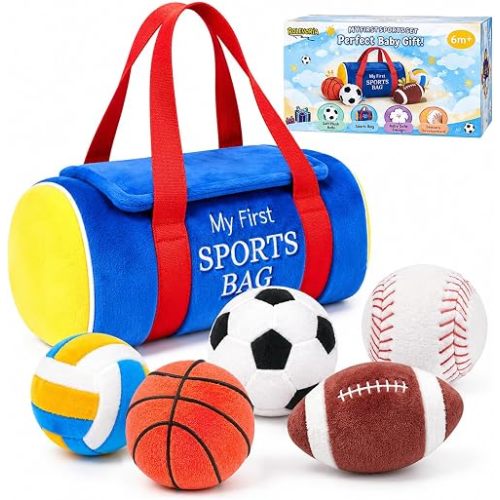 My First Sports Bag Plush, Baby Sports Toys Set with 5 Sensory Balls (Crinkle, Rattle, Squeaky Sounds), Soft Infant Toys 6-12 Months, 1st Birthday Gift for Boys Girls 1 Year Old