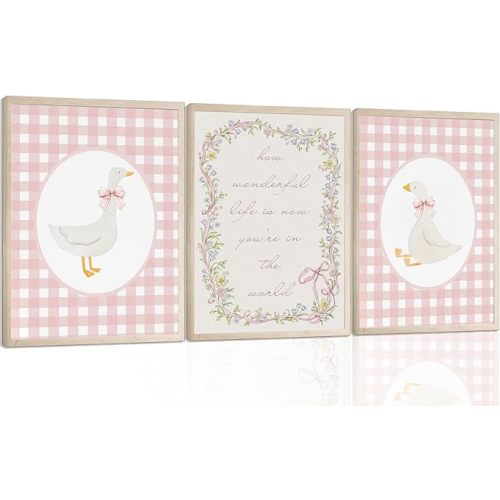 3PCS Goose Nursery Wall Art Girl Bow Coquette Canvas Print Vintage Duck Pink Gingham Posters Poem Lullaby Nursery Wall Decor for Baby Girl Room Bedroom Living Room Unframed