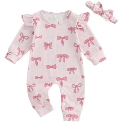 Mandizy Fall Baby Girl Clothes Ruffle Long Sleeve Romper Waffle Knit One Piece Jumpsuit Outfit with Bow Headband