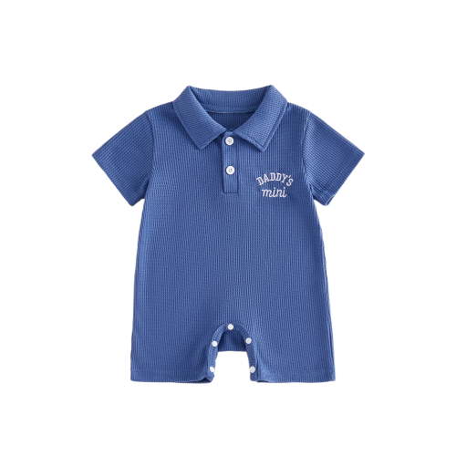 BemeyourBBs Newborn Baby Boy Summer Clothes Daddy‘s MIni Outfit Baby Boy Fathers Day Outfit 0 3 6 12 18 Months Texture Waffle Romper Shorts Letter Embroidery Turn Down Collar Jumpsuit Bodysuit