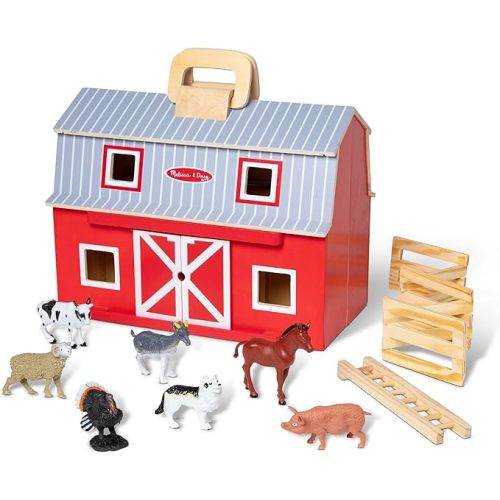 Melissa & Doug Fold and Go Wooden Barn With 7 Animal Play Figures - Farm Animals Portable Toys For Kids And Toddlers Ages 3+