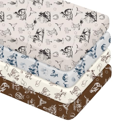 VitalCozy 4 Pcs Vintage Western Cowboy Crib Sheet Set Newborn Bedding Nursery Baby Sheets for Girl Boys Baby Gifts for Standard Crib and Toddler Mattresses, 52 x 28 x 8 Inches