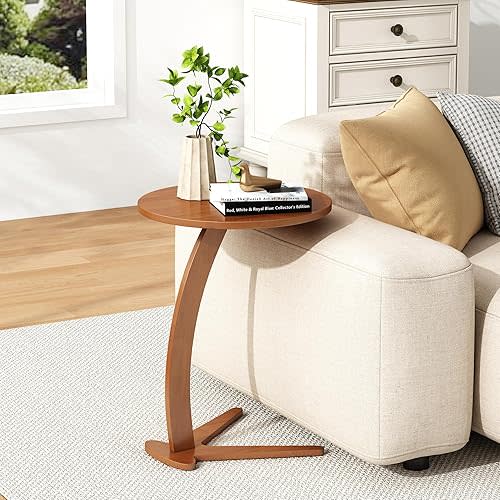 FIDOOM C Shaped End Table, Small Round Side Table for Couch, Slide Under Sofa Tray Desk for Living Room Bedroom, Solid Wood TV Tray Table for Narrow Space (15” Chestnut)