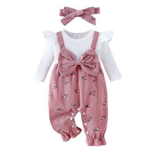 CAICJ98 Newborn Baby Girl Clothes Ruffle Sleeve Jumpsuit Corduroy Floral Romper+Headband Cute Fall Winter One Piece Outfit Pink,Size 1-3 Months