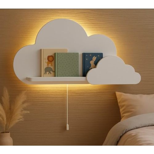BugyBagy Cloud Wall Shelf – Decorative Wooden Floating Shelf for Nursery, Kids Room – Multiple Colors & Light Options (White Cloud Shelf - with Light)