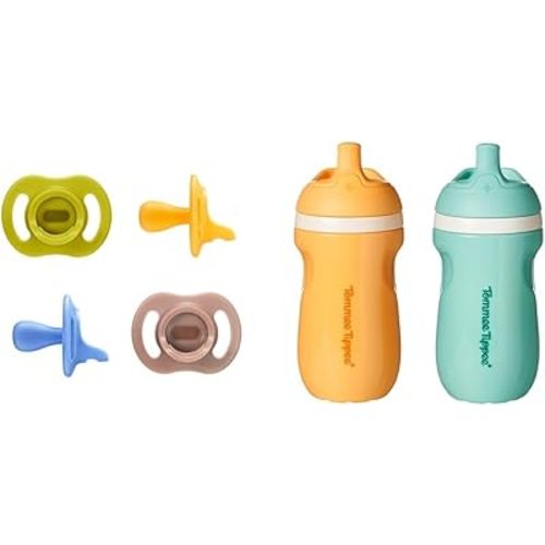 Tommee Tippee Ultra-Light StayPut Pacifier 6-18 Months, One-Piece Silicone Design & Tommee Tippee Insulated 9oz Toddler Water Bottle, No Spill, Sippy Cups for Toddlers 1-3 Years, BPA Free, Pack of 2
