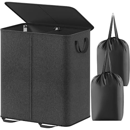 Lifewit Double Laundry Hamper with Lid and Removable Laundry Bags, Large Collapsible 2 Dividers Dirty Clothes Basket with Handles for Bedroom, Laundry Room, Closet, Bathroom, College, 155L Black