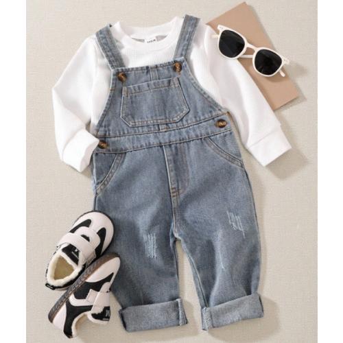 SHEIN Playful Pals 2pcs Unisex Baby Boys Fashion Denim Bib Pants With Pockets And White Long Sleeve T-Shirt Set, Casual & Suitable For Spring, Autumn, Outdoor Play And Daily Wear | SHEIN USA