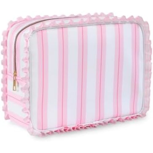 Stripe Ruffle Makeup Bag,Large Travel Cute Cosmetic Bag for Women Girls,Toiletry Bag Make up Organizer 11.8 x 4.7 x 9 inch (Pink Stripe)