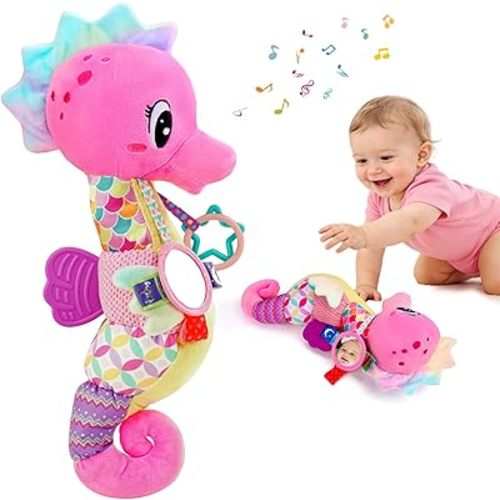 Baby Girl Toys 0-6 Months Musical Seahorse Stuffed Animal Tummy Time Toys Infant 3-6 6-12 Months with Baby Mirror Sensory Newborn Crinkle Developmental Toy Birthday Shower Gifts 0-3 4 5 6 Month