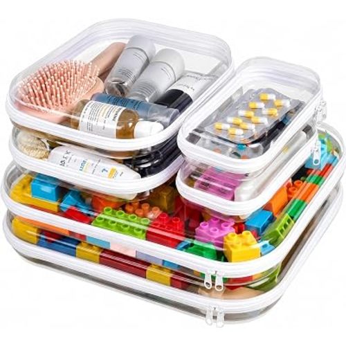 6 Pack Clear Hard Shell Zipper Case, See-Through Hard Plastic Organizer Pouches Zipper for Travel - Toiletries, Electronics, Pencils, Makeup, Secure Storage Design, 3 Sizes (2 Small/2 Medium/2 Large)