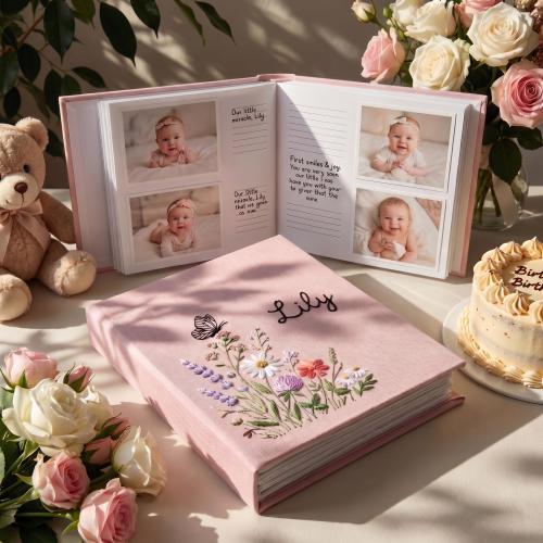 Personalized Baby Photo Album, Embroidered Flowers First Birthday Book, Custom Linen Scrapbook, Baby Keepsake Gift for New Parents