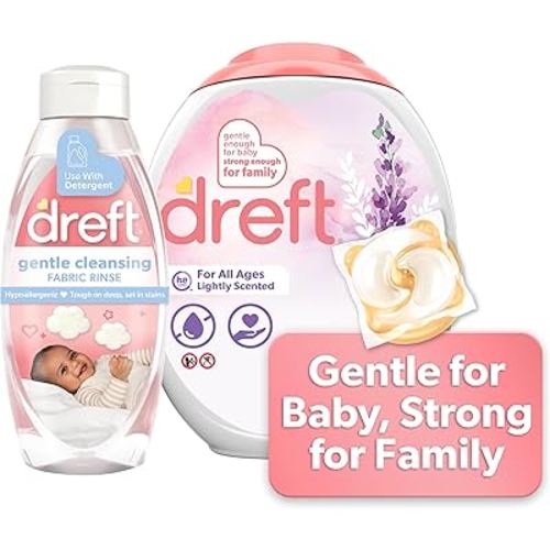 Bundle of Dreft Baby Gentle Cleansing Fabric Rinse, 48 fl oz, Hypoallergenic, Dermatologist Tested on Sensitive Skin, Odor Remover + Dreft Laundry Detergent XL Pacs, Light Scent, Lavender, 45 Count