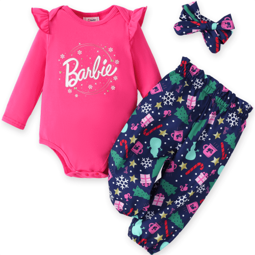 Barbie Baby Girl Clothes 3Pcs Christmas Ruffle Long Sleeve Romper And Graphic Pants Set With Headband Newborn Outfits Sizes 0/3-18M