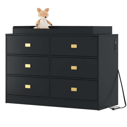 DSstyles Dresser for Bedroom with 6 Drawers, Wide Chest of Drawers with Changing Table Top, Nursery Storage Organizer for Infant with Power Outlets, Changing Pad & Removable Top