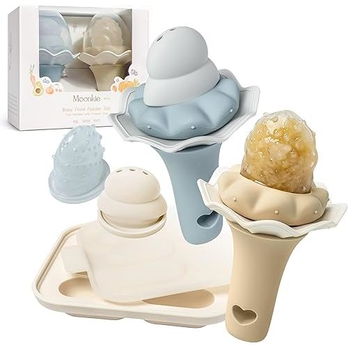 Moonkie Baby Fruit Feeder with Freezer Tray, BPA Free Silicone Food Feeder for Infant Self Feeding, Breastmilk Popsicle Molds, Mesh Feeder with Two Pouches, Baby Shower Gifts 4 Months+, 2 Pack
