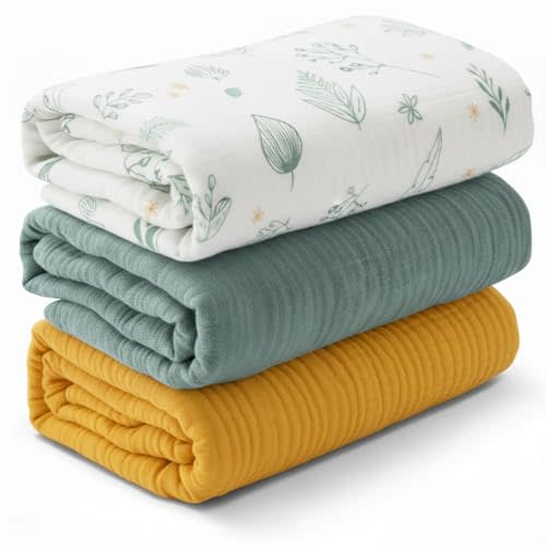 Muslin Swaddle Blankets for Newborn, 3 Pack Soft 100% Cotton Baby Receiving Blanket, Swaddle Wrap Burp Clothes, Large 43 x 35 inches, Oeko-TEX Certified