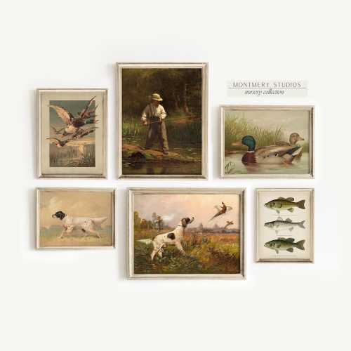 Vintage Hunting Nursery Wall Art Set, Fishing Boy Print, Bass, Trout, Mallard Duck Print, Hunting Dog & Pheasant Art, Boys Room Decor, S051