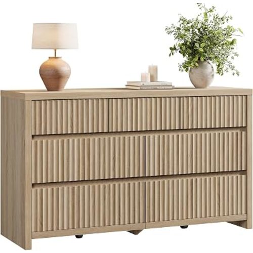 SICOTAS Fluted Dresser for Bedroom with 7 Drawers, 55.2" Extra-Wide Chest of Drawers Modern Wooden Dressers TV Stand with Thick Board, Long Horizontal Dresser for Nursery and Living Room, Light Oak