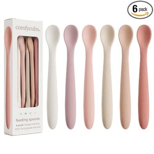 Comfy Cubs Silicone Baby Spoons Set 6-Pack, Blush 6.46 x 0.95 in – BPA Free, Soft Gum-Safe Toddler Eating Essentials – Lightweight & Flexible Baby Spoons, Dishwasher Safe, Fun Utensils for Babies