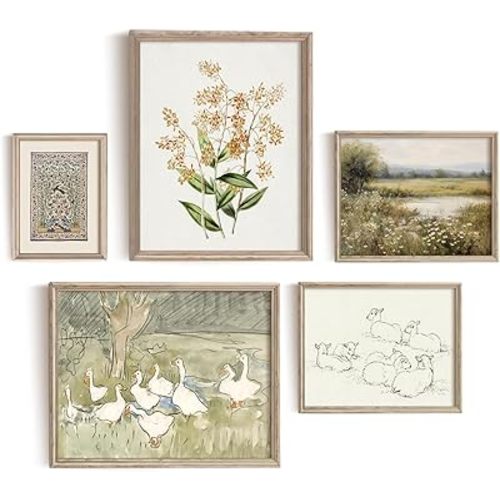 Vodefoad Vintage Nursery Wall Art Set - 5pcs Neutral Canvas Prints - Ducks, Lambs, Flowers, Birds & Landscape - Unframed