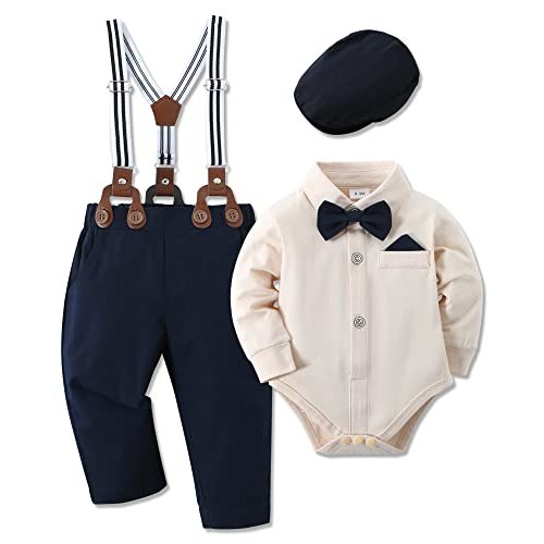 WESIDOM Baby Boy Clothes 0-18M Newborn Infant Gentleman Outfit, Shirt+Bowtie+Beret+Suspender Pant Baby boy Suit Clothing Set