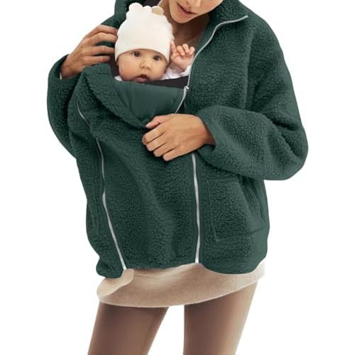 Women's Fleece Jacket with Baby Carrier Pocket, Warm Maternity Coat for Mom, Zip up 2-in-1 Baby Wearing Outerwear