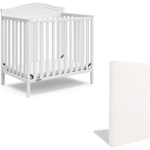 Graco Stella 4-in-1 Convertible Mini Crib with Bonus Mattress (White) – Includes Bonus 2.75 Inch Thick Mattress with Water-Resistant Cover, Converts to Twin Bed, Ideal Crib for Small Spaces