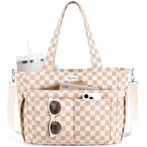 Corduroy Tote Bag for Women, Lightweight Work Laptop Tote Purse With 17 Pockets, Crossbody Shoulder Handbag for School Work Travel Gym, Checked Brown White