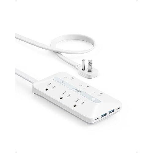 Anker Power Strip with 300J Surge Protector, Flat Plug Extension Cord with Multiple Outlets, 6 AC, 2 USB A & 2 USB C Ports for 20W, 5ft Outlet Extender, Dorm Room Essentials, Home Office