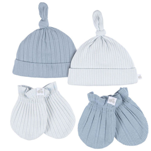 Just Born - 4 Piece Hat+Mitten Set - Blue 0-6M