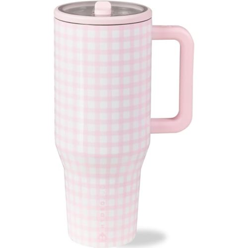 HydroJug Traveler - 40 oz Water Bottle with Handle & Flip Straw - Fits in Cup Holder, Leak Resistant Tumbler-Reusable Insulated Stainless Steel & Rubber Base - Gifts for Women & Men, Pink Gingham