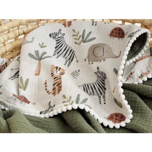 Personalized Organic Muslin Baby Blanket, Safari Animals, Embroidered Name