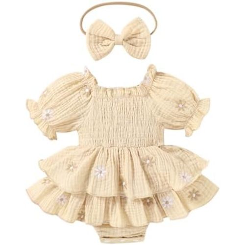 Happy Town Baby Girl Clothes Infant Summer Romper Dress Ruffle Short Sleeve Jumpsuit with Headband Cute Toddler Outfits