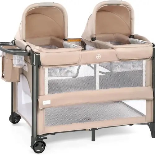 JOYMOR Infant Twin Bassinet - Bedside Sleeper & Playpen, Folding Sleeping Cot with Wheels & Brake, Travel Crib with Cotton Material & 3-Level Side Drop - TikTok Shop