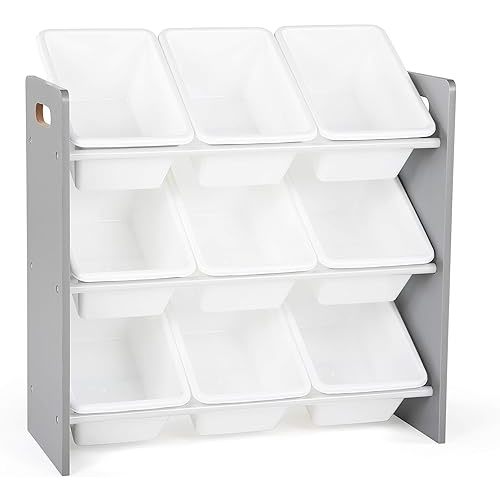 Humble Crew 9-Bin Toy Organizer – Inspire Grey with White Plastic Bins, 3-Tier Storage Solution for Kids' Playrooms and Nurseries