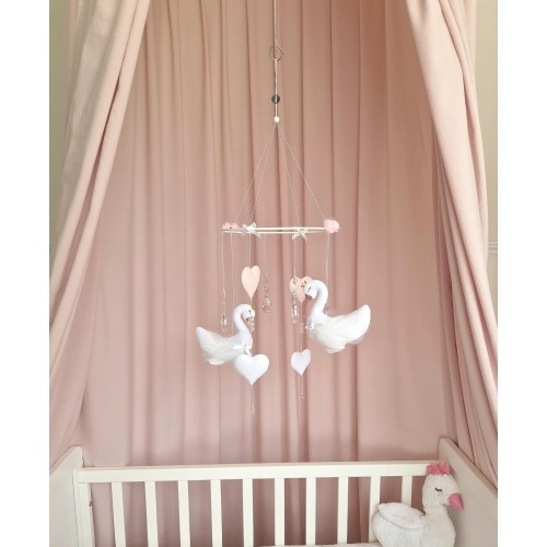 Handmade Swan Baby Mobile, Crowned Swans, Felt Hearts, Crystal Nursery Decor