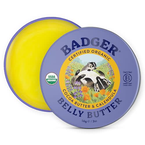Badger Belly Butter, Organic Stretch Mark Cream for Pregnant Belly, Rich Hypoallergenic Moisturizing Organic Cocoa Butter & Coconut Body Butter for Women, 2 oz Tin