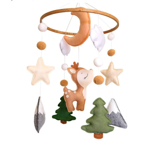 Woodland Baby Crib Mobile, Deer Baby Mobile for Crib Boys & Girls, Fawn Nursery Mobile, Forest Theme Baby Nursery Decor, with Moon, Stars, Trees & Mountains
