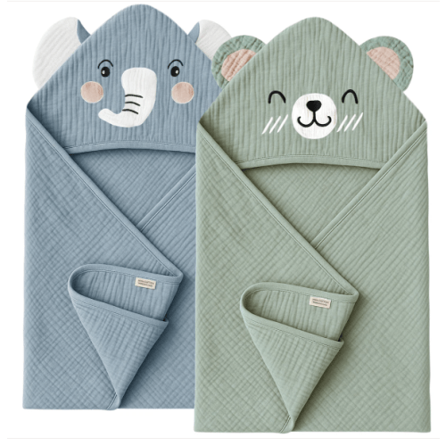 Konssy 2-Pack Muslin Baby Hooded Towels, 100% Cotton, Soft and Absorbent Baby Bath Towels for Newborn, Infant & Toddler with Animal Hooded Design