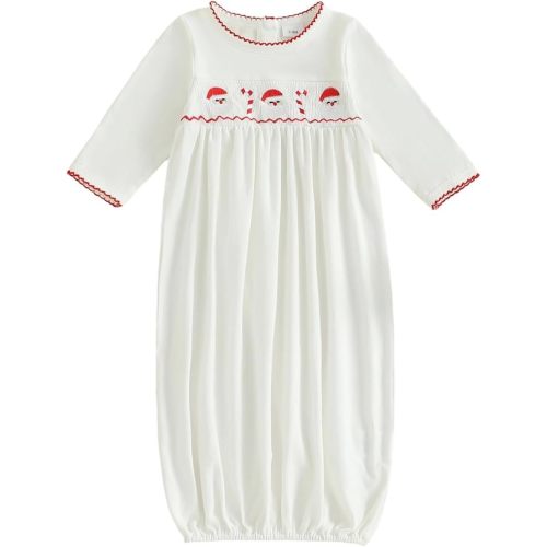 Sasaerucure Newborn Baby Girl Boy Christmas Outfit Santa Claus Sleepwear Smocked Long Sleeve Nightgown Pajama Sleeper