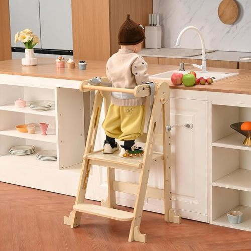 Kids Kitchen Step Stool, Foldable Toddler Tower, Height Adjustable Toddler Standing Tower with Safty Rail and Anti-Slip Device, Wooden Stool for 1.5-6 Years(Nature-Wood)