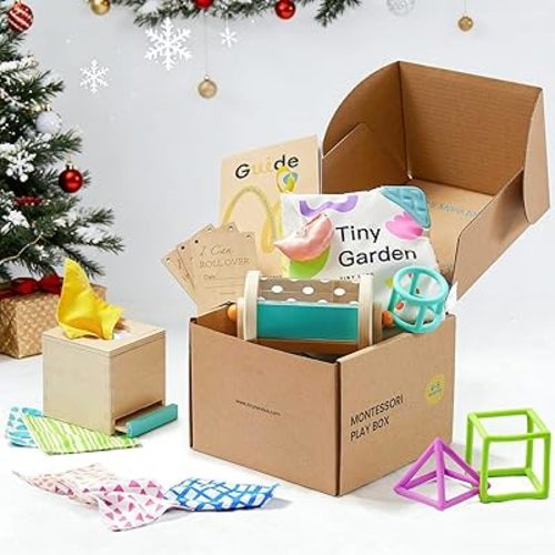 Tiny Land Montessori Baby Toy Set 4-6 Months – Early Learning Motor Skills Development Kit with 4-in-1 Soft Cloth Book, Spinning Rainbow Toy, Silicone Blocks and Baby Tissue Box