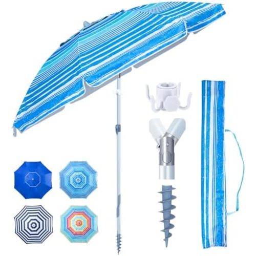 Tempera Heavy Duty High Wind Beach Umbrella with Sand Anchor & Carry Bag | Patio Outdoor Umbrella with Aluminum Frame and Push Button Tilt, Ideal for Travel Garden Lawn, UPF 60+