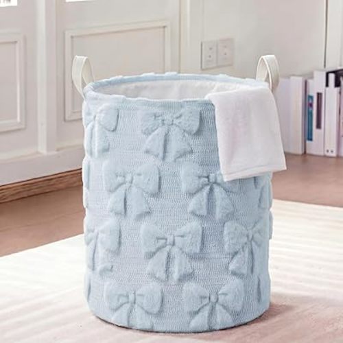 Blushtier Blue Bow Laundry Hamper Girls Room Decor Coquette Blue Bow Plush Faux Fur Basket Kids Large Storage Basket Collapsible Organize Bins for Gifts Toys Blanket Clothes Nursery Bedroom